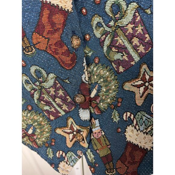 Backroad Blues Christmas Tapestry Waistcoat Vest Old World Santa blue Small - Picture 6 of 9